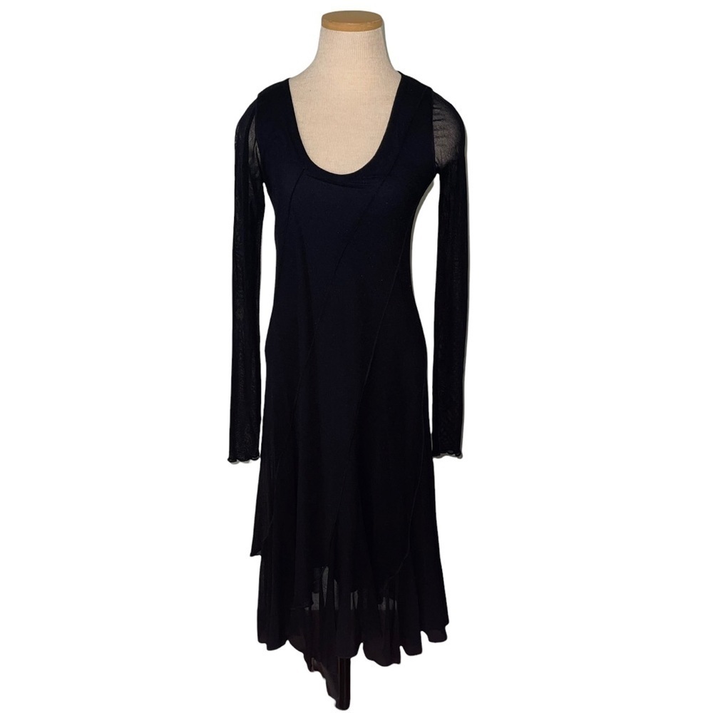 Fuzzi Black Mesh Long Sleeve Seamed Asymmetric Cocktail Shift Dress Size L - Picture 1 of 7